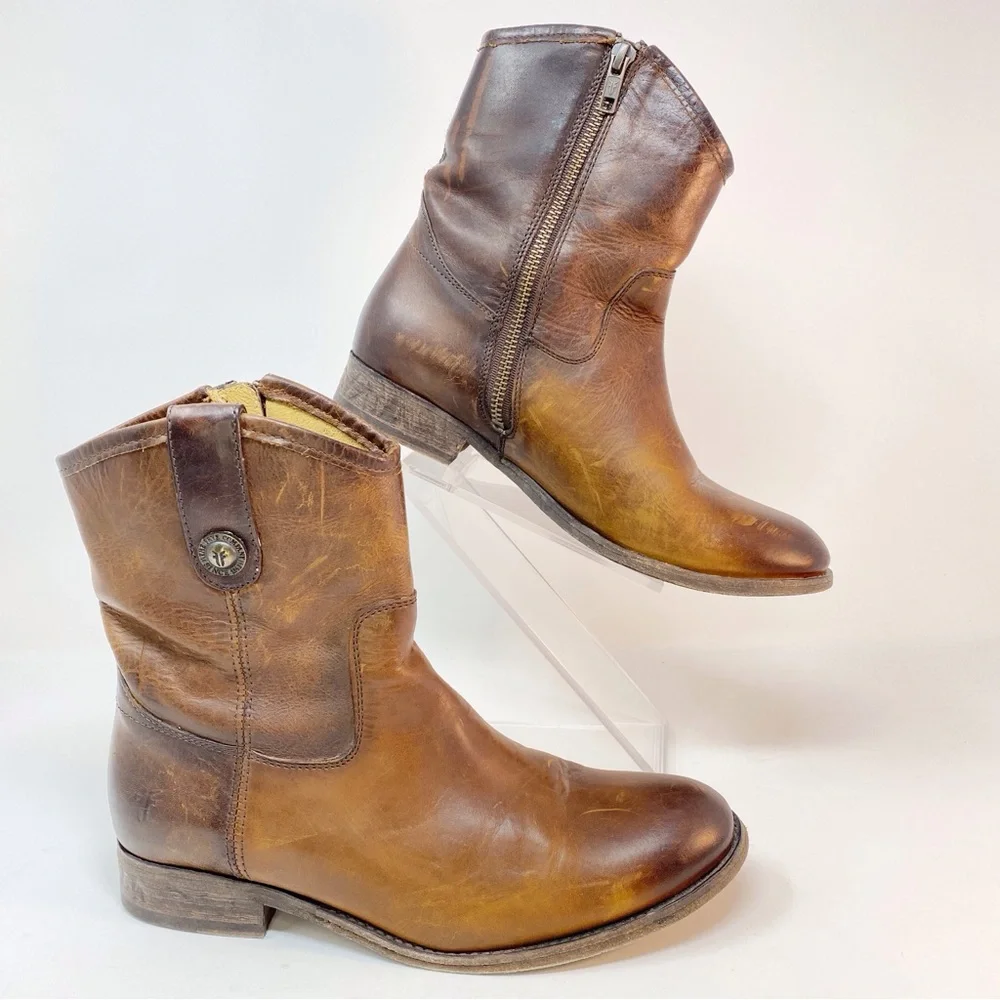 FRYE Melissa Women's 7.5 B Brown Genuine Leather Ankle Boots Cowgirl Zip Up - Picture 1 of 16